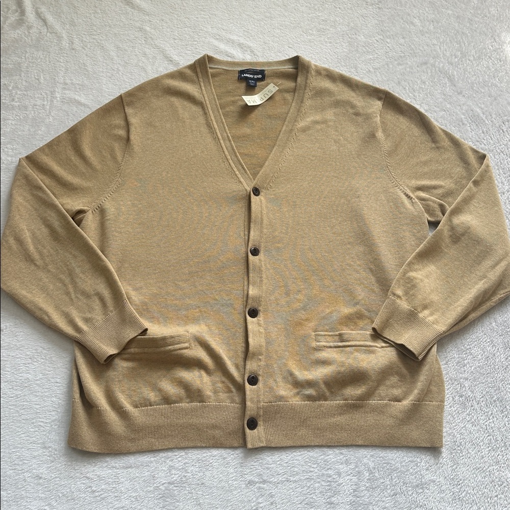 Nwt‎ Lands End Mens Supima Cotton Tan Button Up V-Neck Cardigan XXL 50-52 Preppy